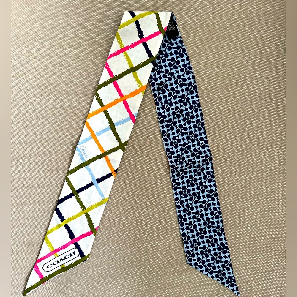 Coach Two-Sided Silk Scarf in White, Navy, Pink, Orange, Green
